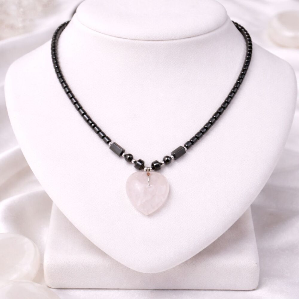 Hematite Rose Quartz Heart Natural Stone Necklace